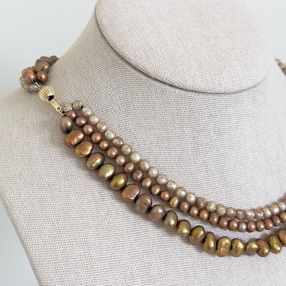 Vintage 14K Yellow Gold Triple Strand Genuine Brown Pearl Round Baroque Necklace - Picture 6 of 10